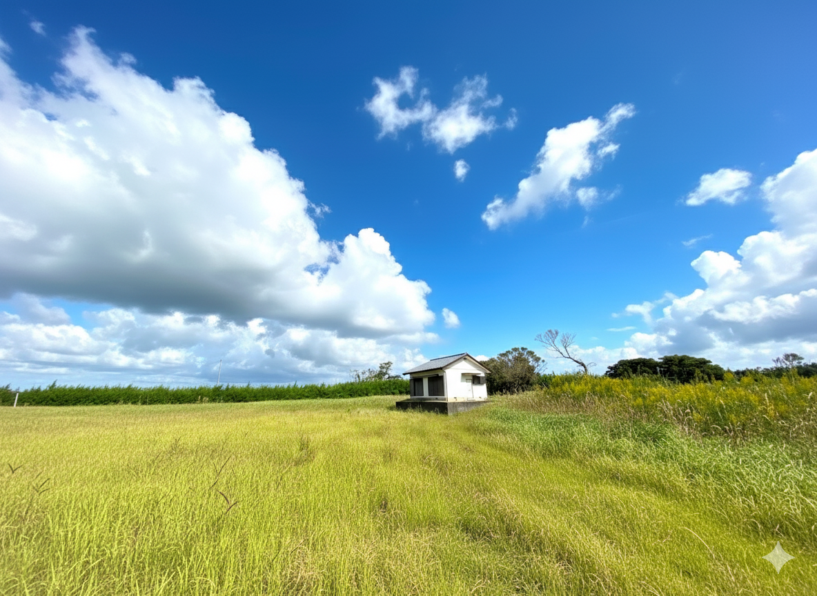 青空と雲の下、草地に建つ小さな建物