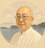 鎌倉の海を背景にした宇都宮茂のイラスト